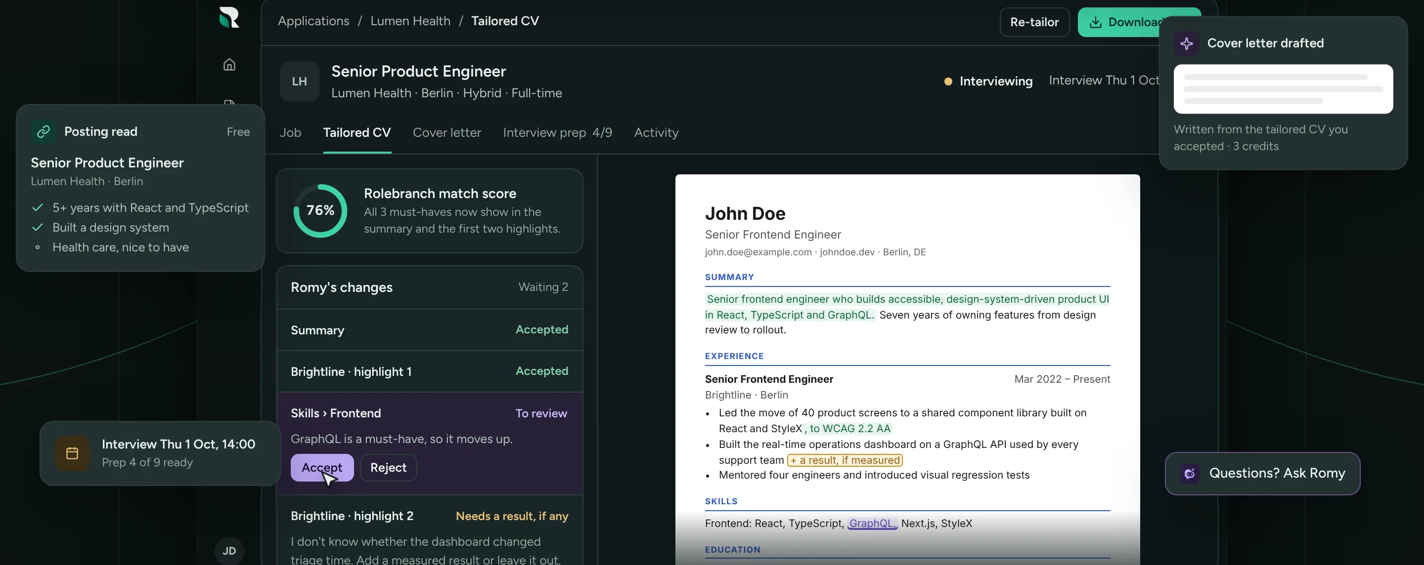 RoleBranch app: Romy’s suggested changes and a match score beside a tailored CV